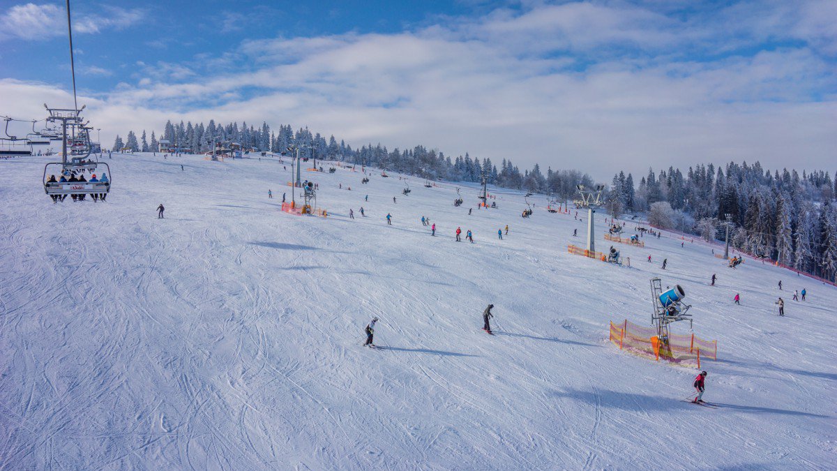 Widok z drona tras narciarskich w ośrodku Kotelnica